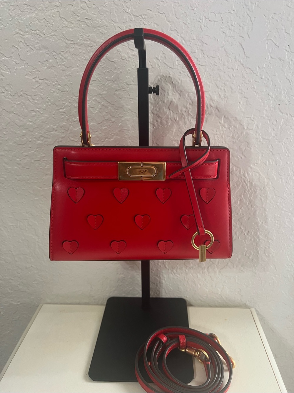 Tory Burch Mini Red Heart-Appliqué Top Handle Bag with Gold Hardware